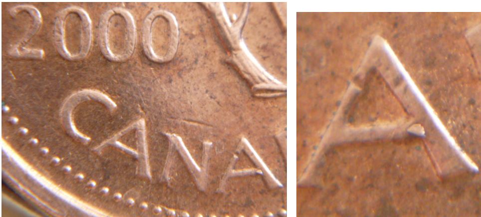 1 Cent 2000-Éclat de coin sur 2 sixième A de canAda.JPG