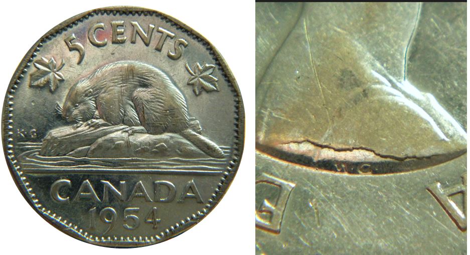 5 Cents 1954 sf-Coin fendillé à la base de effigie-1.JPG
