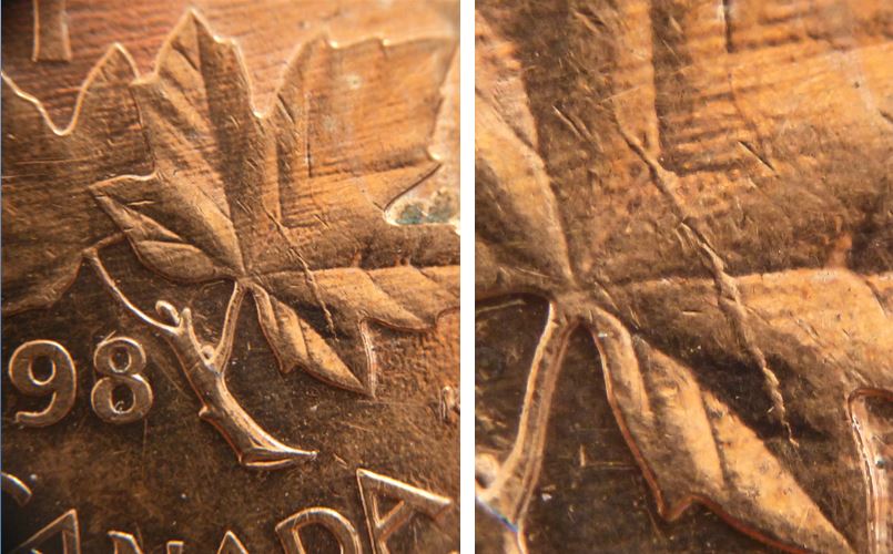 1 Cent 1998-Coin fendillé sur la feuille gauche-1,.JPG