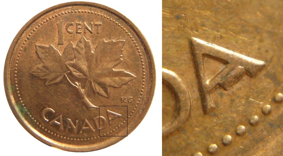 1 Cent 2002p-Éclat coin sous le drenier A de canadA-2.JPG