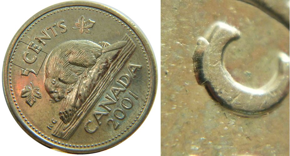5 Cents 2001-Éclat coin sur C de Cents -No.1,.JPG