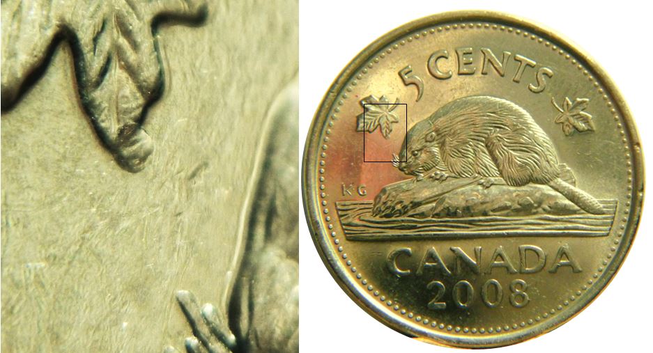 5 Cents 2008-Éclat coin à la feuille gauche-1,.JPG