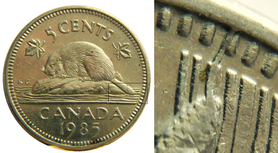 5 Cents 1985-Coin fendillé à la queue du castor-No.2,.JPG