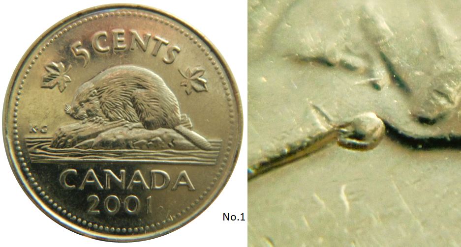 5 Cents 2001-Éclat coin sur nez effigie-No.1,.JPG