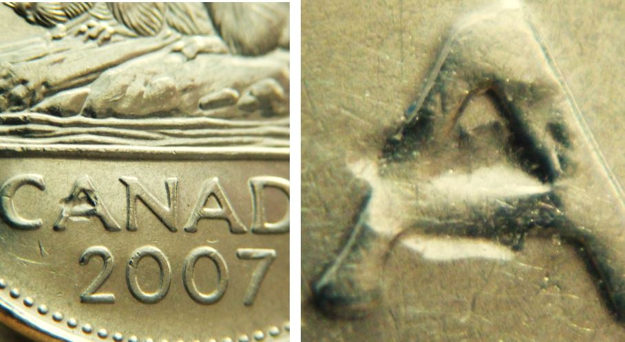 5 Cents 2007-Frappe à travers sur le A de cAnada-1.JPG
