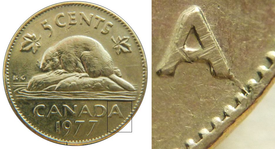 5 Cents 1977h-Coin fendillé au dernier A de canadA-1,.JPG