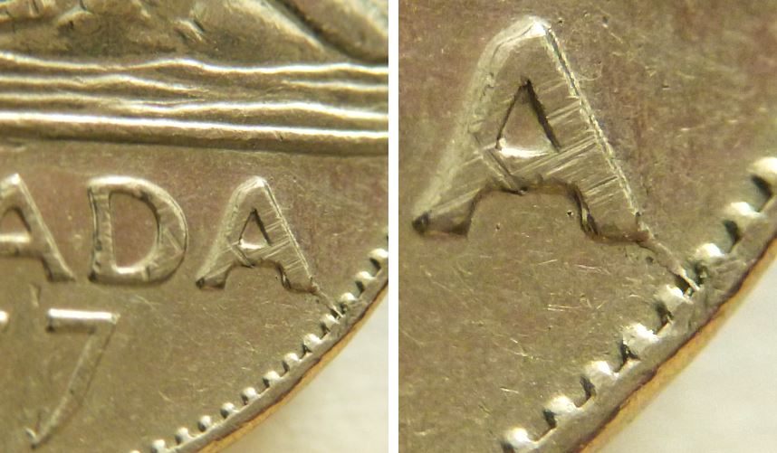 5 Cents 1977h-Coin fendillé au dernier A de canadA-1.JPG