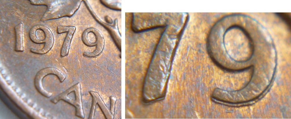 1 Cent 1979-Défaut flan-Avers+Double 79-Coin détérioré.JPG