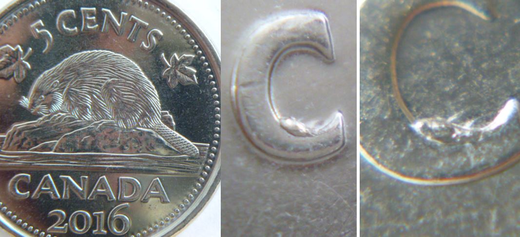 5 Cents 2016-Éclat de coin dans le C de Cents.JPG