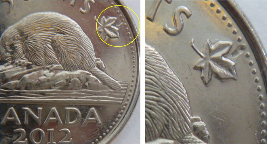 5 Cents 2012-Frappe a travers près de la feuille droite-1.JPG
