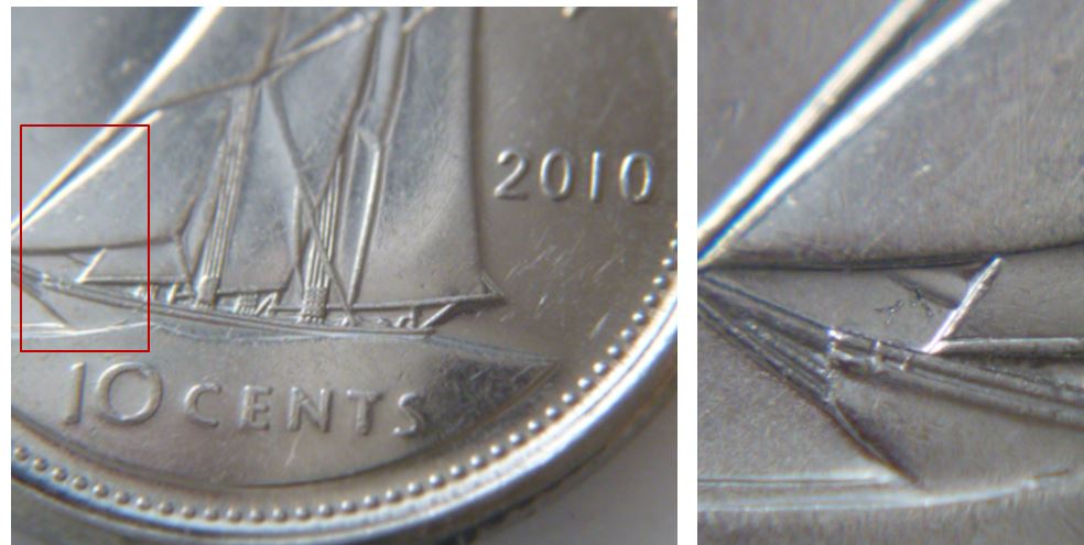 10 Cents 2010-Dommage de coin sous première voile-1.JPG