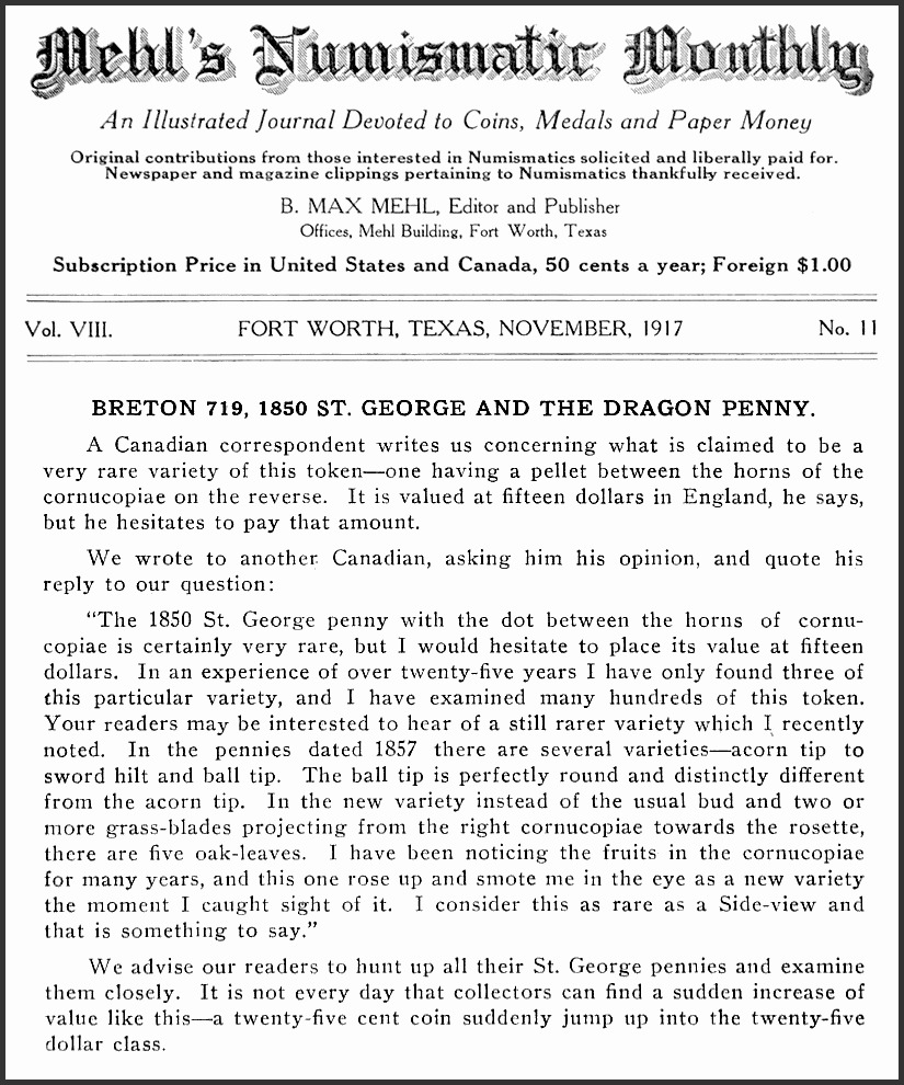 Article - Breton 719, 1850 St. George and the Dragon Penny (Mehl's Numismatic Montlhy - Nov. 1917).jpg
