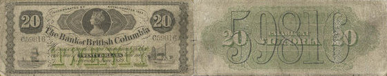 Valeur des billets de banque de 20 dollars 1879 - Bank of British Columbia