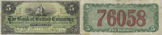 Valeur des billets de banque de 5 dollars 1894 - Bank of British Columbia