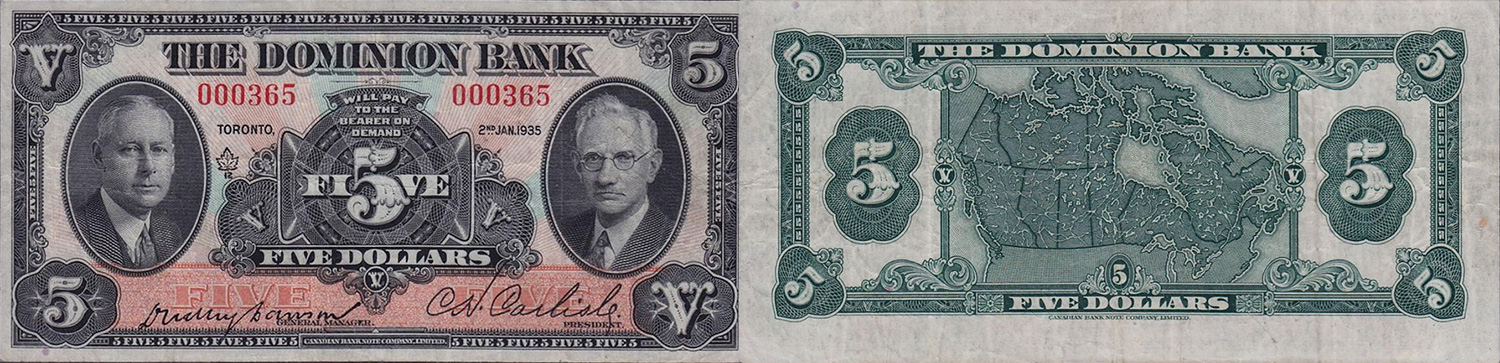 5 dollars 1935 - Dominion Bank banknotes