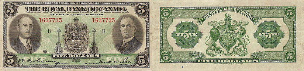 5 dollars 1935 - Royal Bank of Canada banknotes