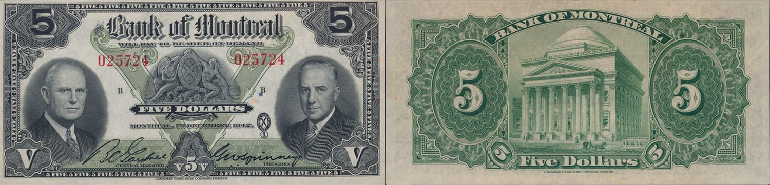 5 dollars 1942 - Bank of Montreal banknotes