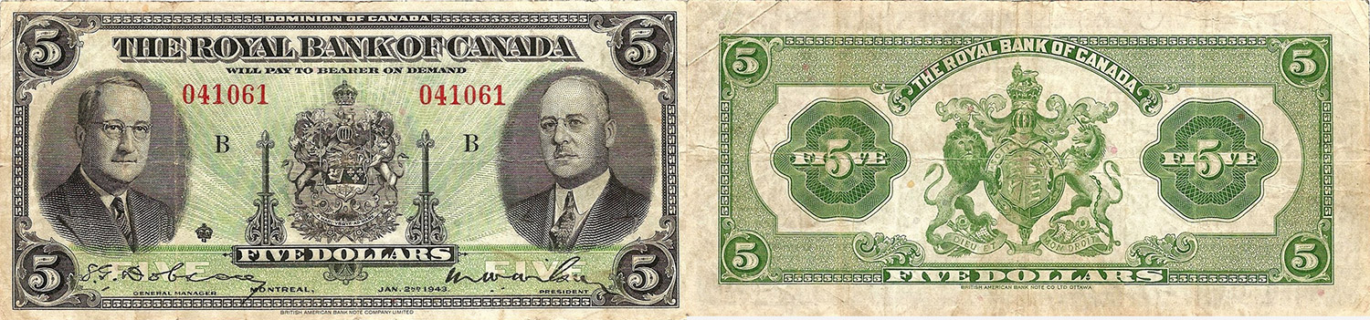 5 dollars 1943 - Royal Bank of Canada banknotes