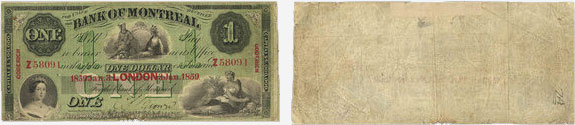 Billet de 1 dollar 1859 de la Banque de Montréal