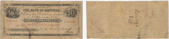 Billet de 10 dollars 1852 de la Banque de Montréal