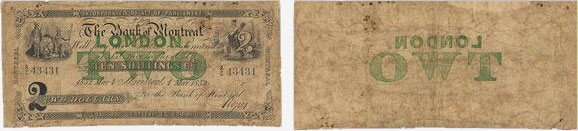 Billet de 2 dollars 1852 de la Banque de Montréal