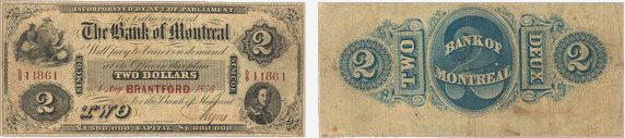Billet de 2 dollars 1856 de la Banque de Montréal