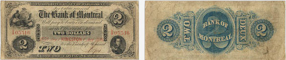 Billet de 2 dollars 1856 de la Banque de Montréal