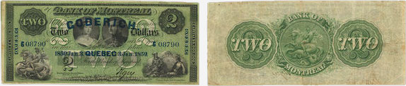 Billet de 2 dollars 1859 de la Banque de Montréal