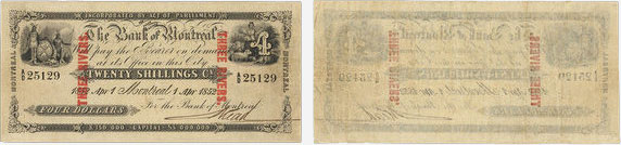 Billet de 4 dollars 1852 de la Banque de Montréal