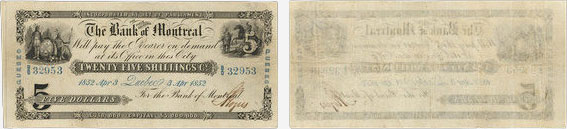 Billet de 5 dollars 1852 de la Banque de Montréal