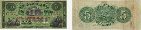 Billet de 5 dollars 1859 de la Banque de Montréal