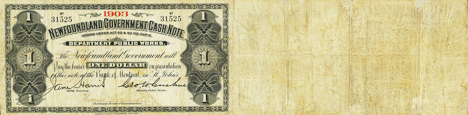 Government of Newfoundland Cash Note 1 dollar 1901 à 1909