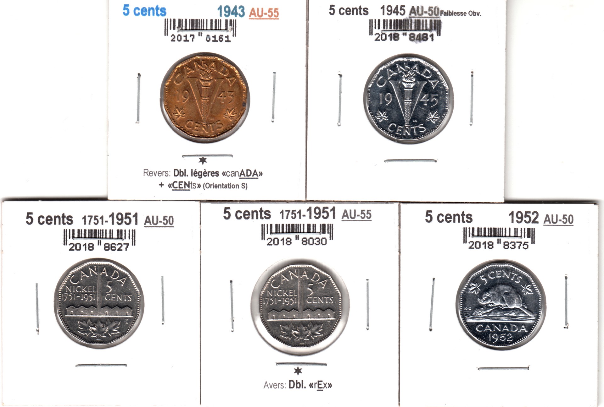 À Vendre - Lot de 5 x 5c 1943-1952 AU - Front.jpg