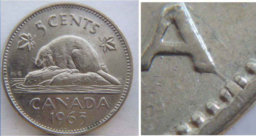 5 Cents 1965-Coin fendilé au dernier A de canadA+Denticule en  extra-1.JPG