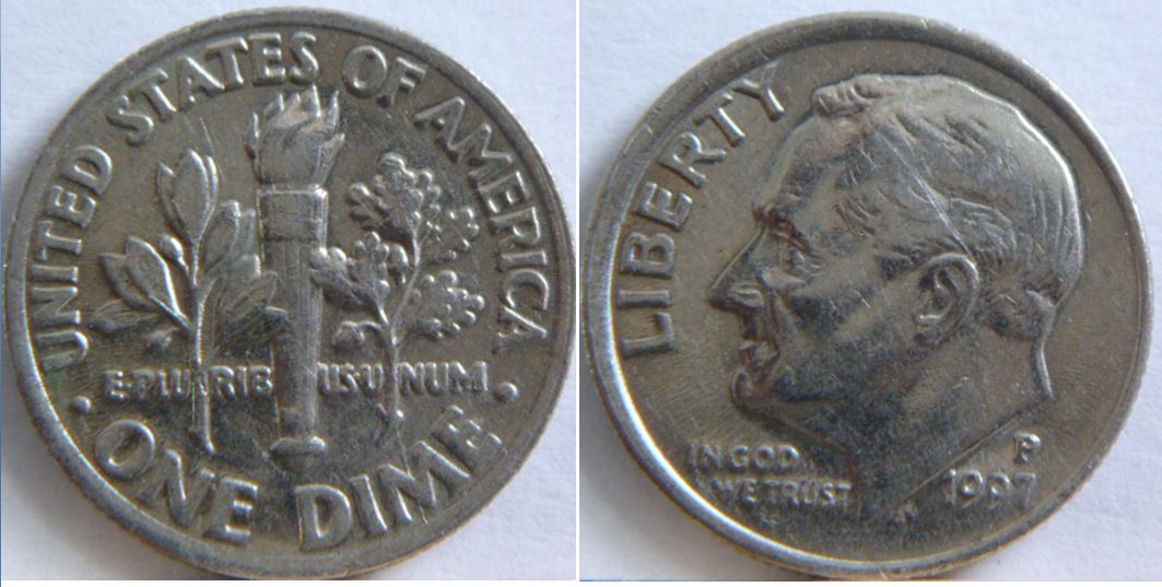 10 Cents USA-1997p-Coin désaligné-Coin fendillé a travers M de diMe-1.JPG