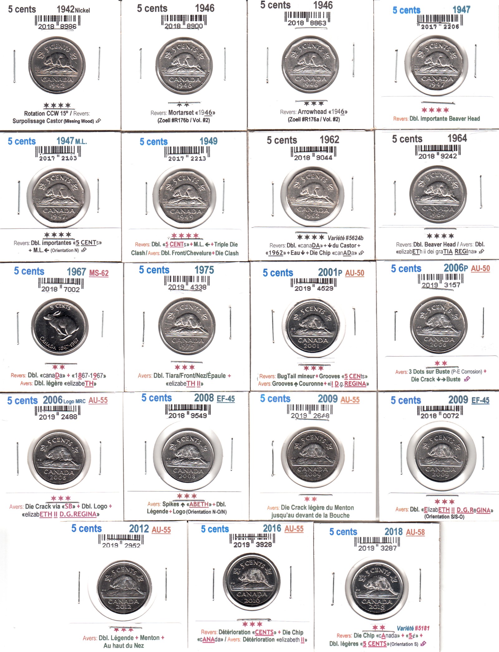 À Vendre - Lot 19 x 5c 1942-2018 - Face.jpg