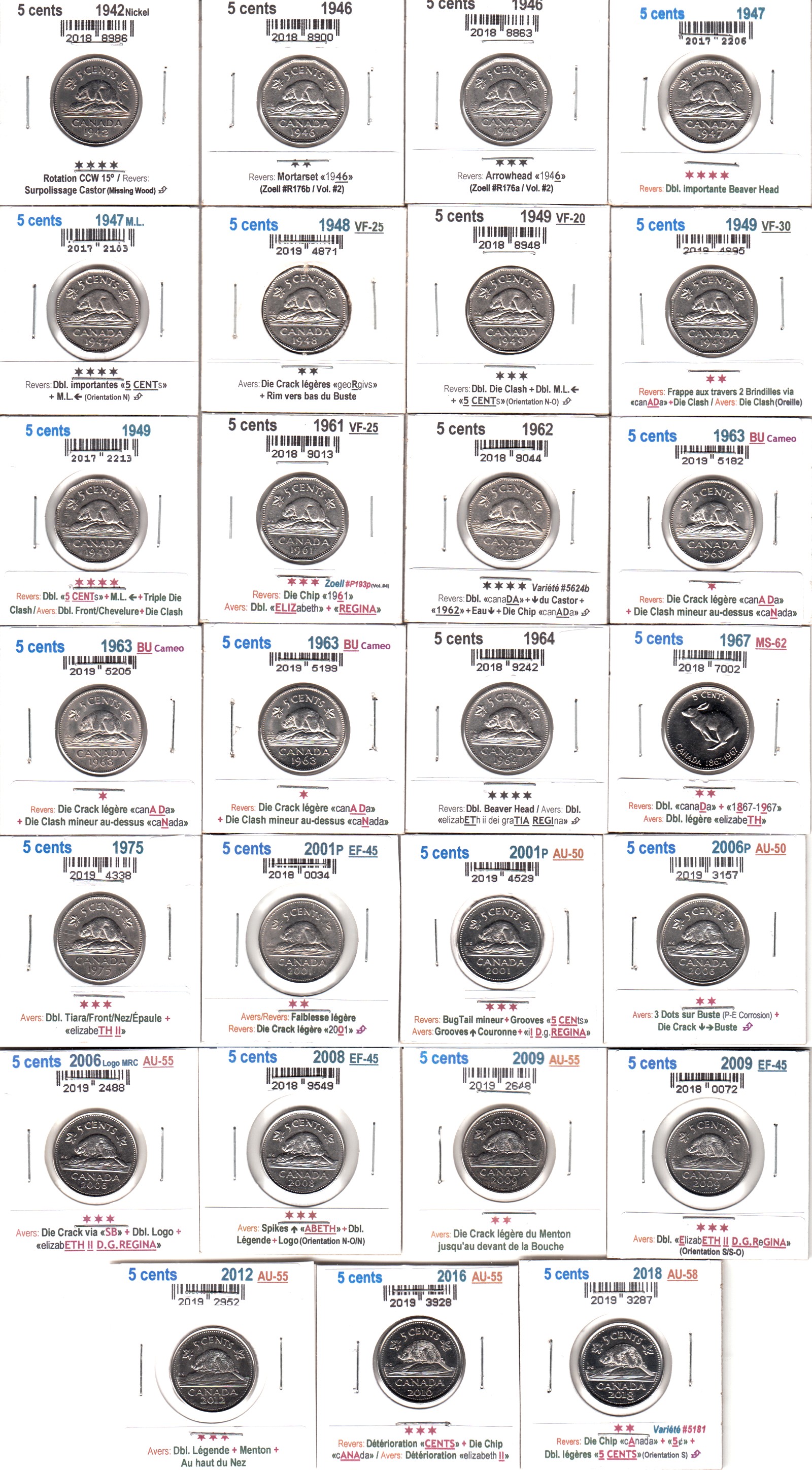 À Vendre - Lot 27 x 5c 1942-2018 - Face.jpg