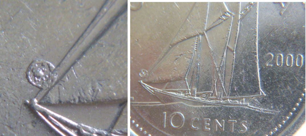 10 Cents 2000-Belle éclat de coin devant le voilier.JPG