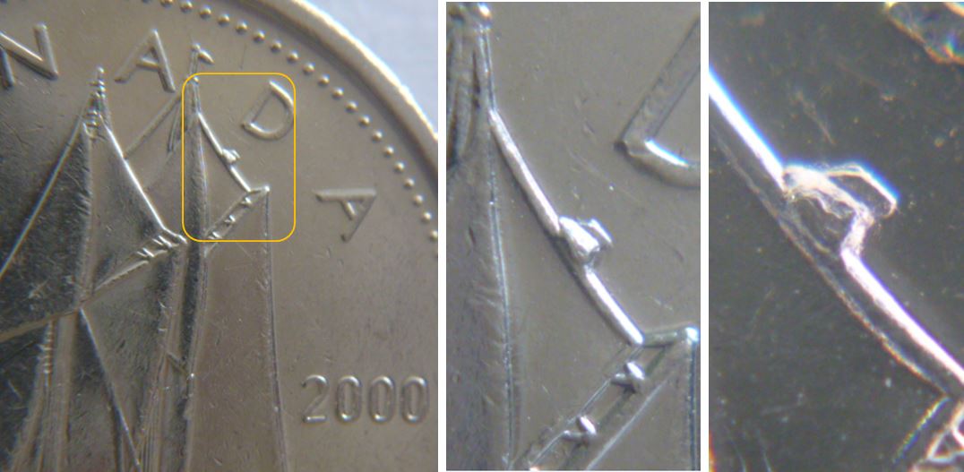 10 Cents 2000-Éclat de coin sur le cordage de la voile - sous le D de canaDa.JPG