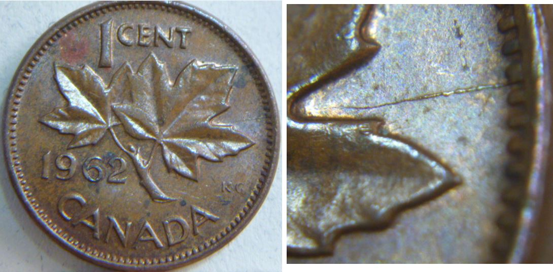 1 Cent 1962-Coin fendillé du listel et entre le lobe de la feuille droite.JPG