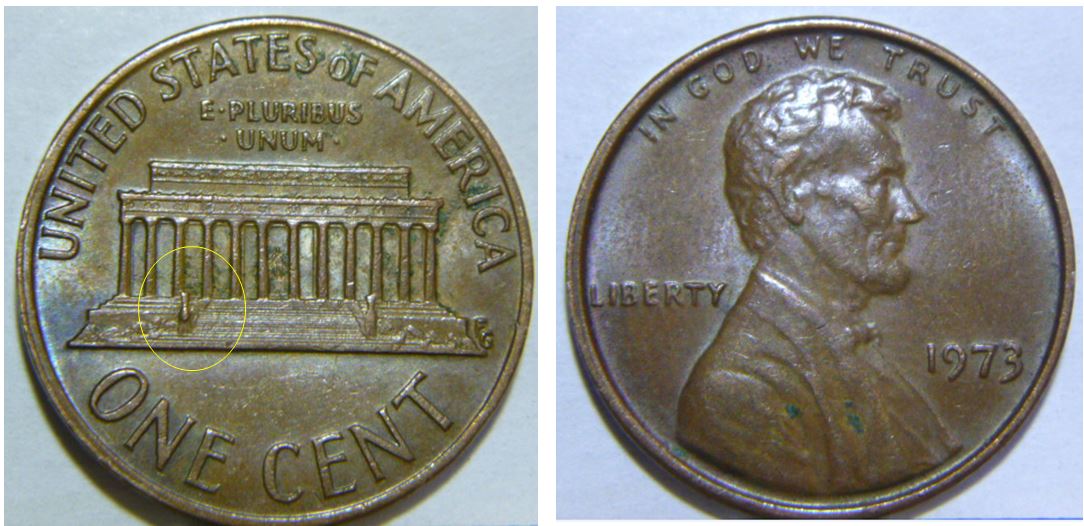 1 Cent USA-1973-Collie suspect a l'entré du Lincoln Memorial-Un éclat du coin-1.JPG