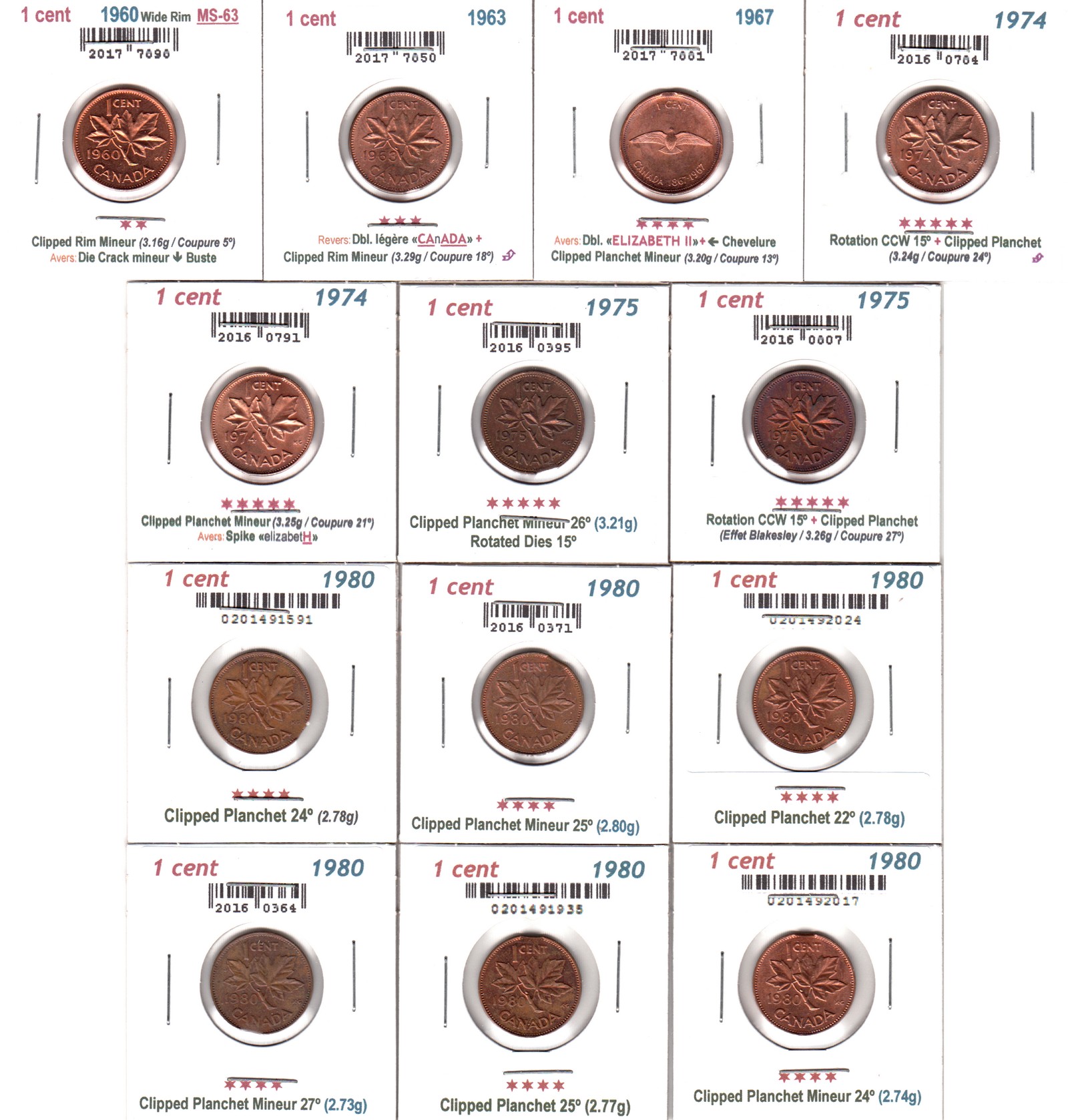 À Vendre - Lot 13 x 1c Clipped - Cartons - Revers.jpg