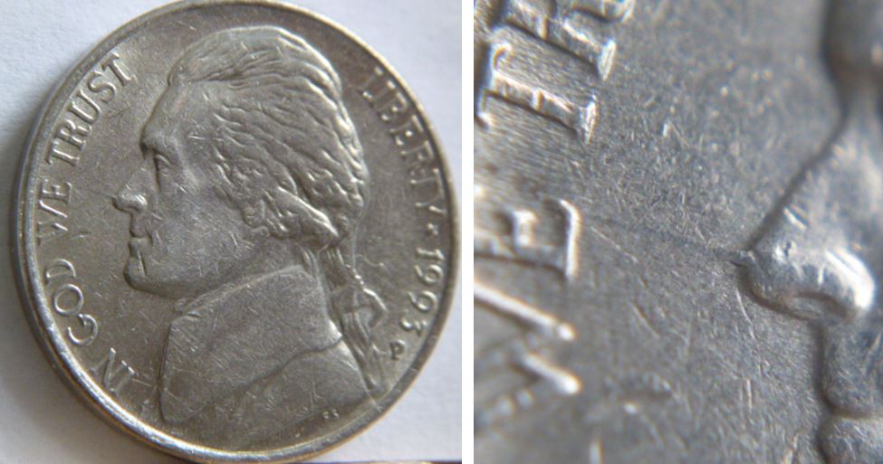5 Cents USA-1993p-Beau coin fendille au bout du nez de effigie.JPG