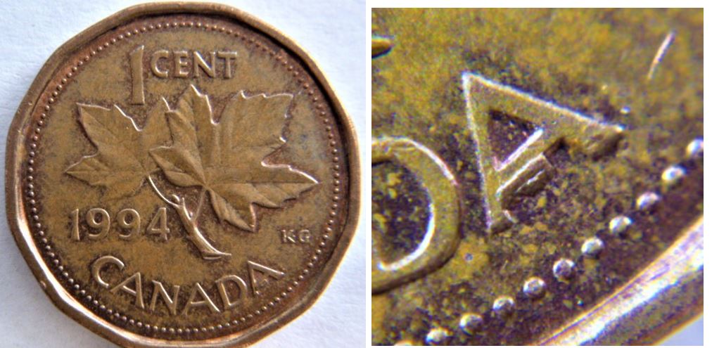 1 Cent 1994-Éclat du coin sous le dermier A de cAnada-2.JPG