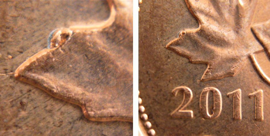 1 Cent 2011-Éclat du coin sur feuille gauche.JPG