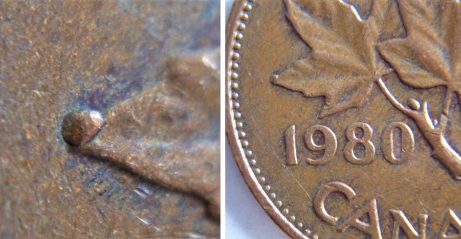 1 Cent 1980-Éclat du coin au bout de la feuille gauche-2.JPG