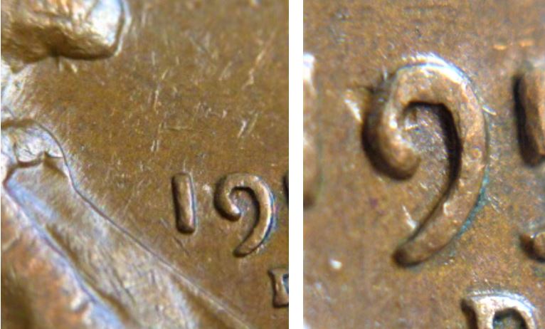 1 Cent USA-1958D-Dommage du coin sous menton et défaut a travers le 9-2.JPG