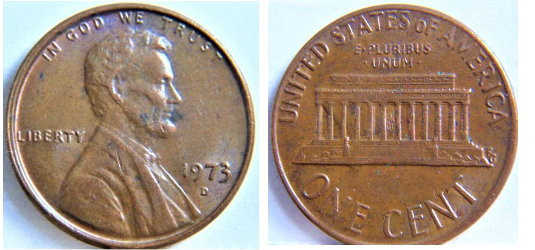 1 Cent USA 1973D-Coin décentré  avers -Lincoln Memorial déformé-1.JPG