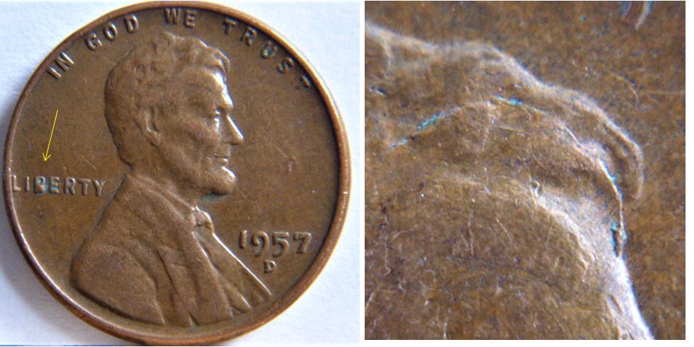 1 Cent 1957D-USA-Coin fendillé tête effigie+Éclat dans B de liberty-1.JPG