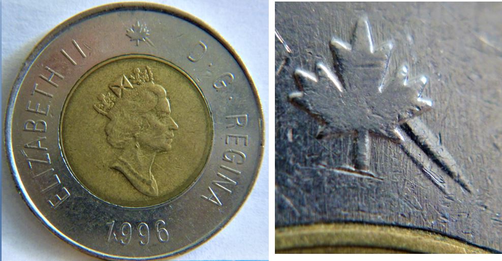 2 Dollar 1996-Dommage du coin a la feuille d'érable.JPG
